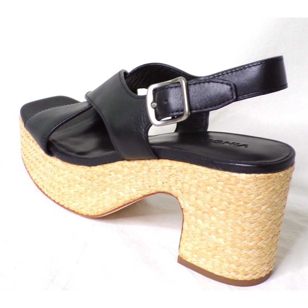 🆕VINCE Clementina Platform Raffia Heel Sandal Shoe Leather 8 Black - Picture 6 of 10